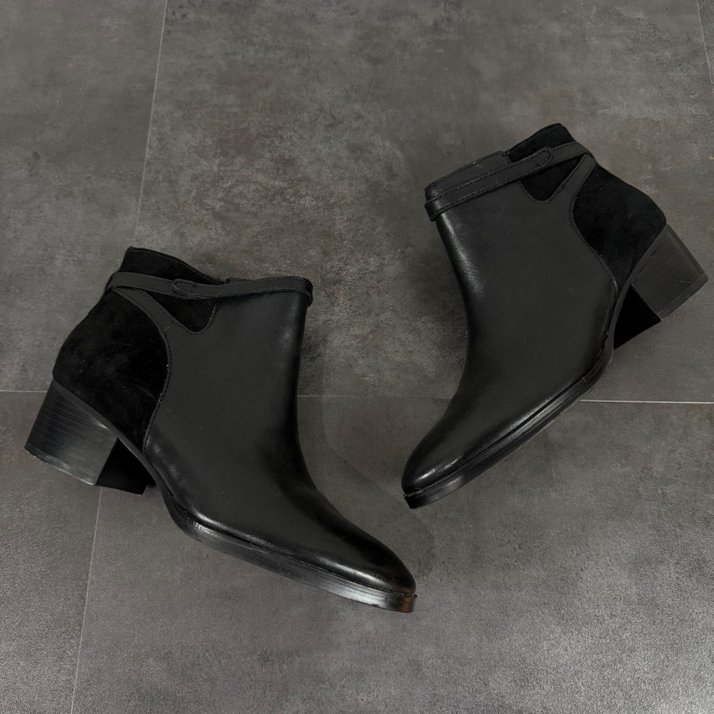 Lauren Ralph Lauren Damara Black Leather Suede Ankle Boots Block Heel 9B
